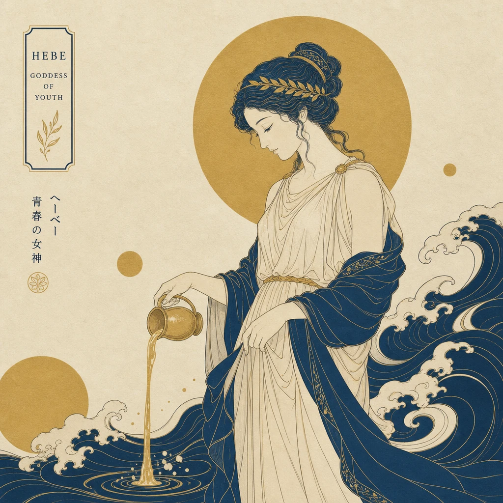 Hébé versant le nectar, illustration en noir et blanc style manga